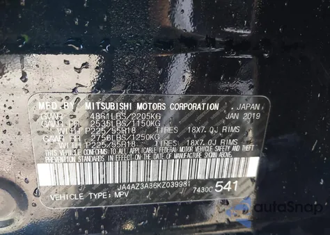 2019 Mitsubishi Outlander Le z USA, uszkodzony, nr VIN JA4AZ3A36KZ039981